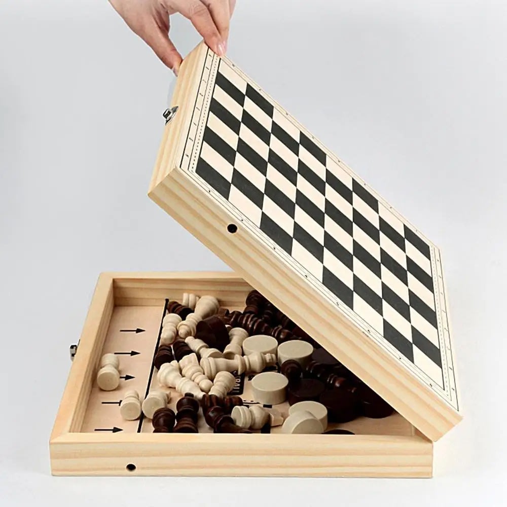 Professional Portable Winner Board Game - Wood Sling Puck Chess Checkers 